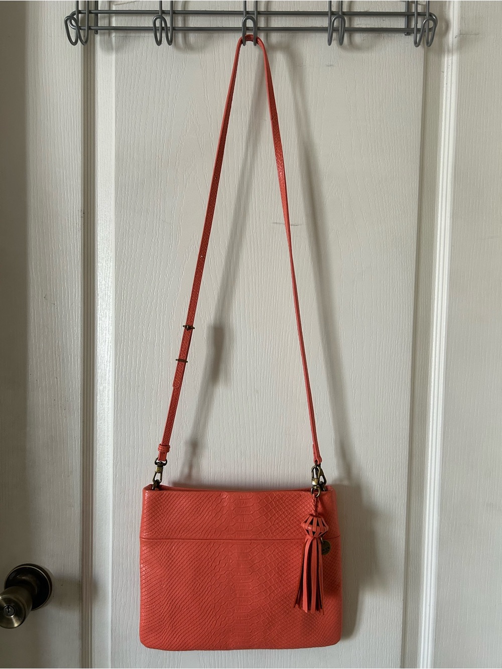 The Sak Coral Leather Tassel Charm Croc Print Embossed Crossbody Bag